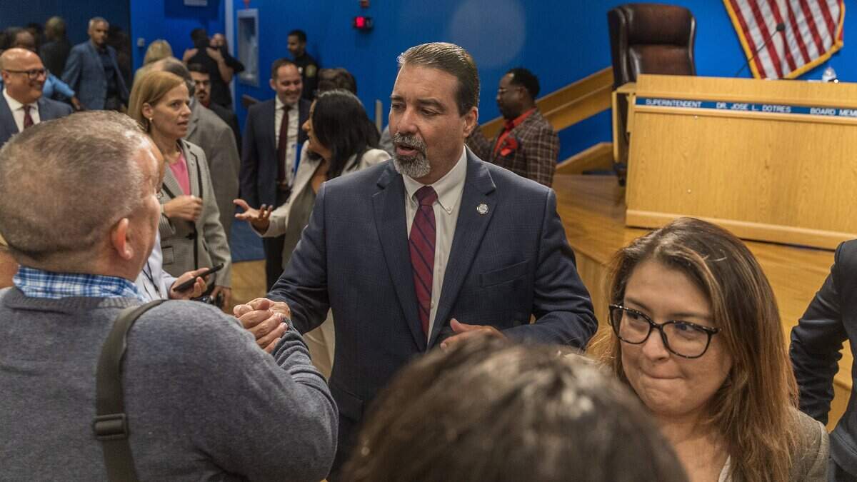Attendees greeted Rafael Villalobos, after he was selected as the new Miami Dade County Public School superintendent in Miami on July 29, 2026.