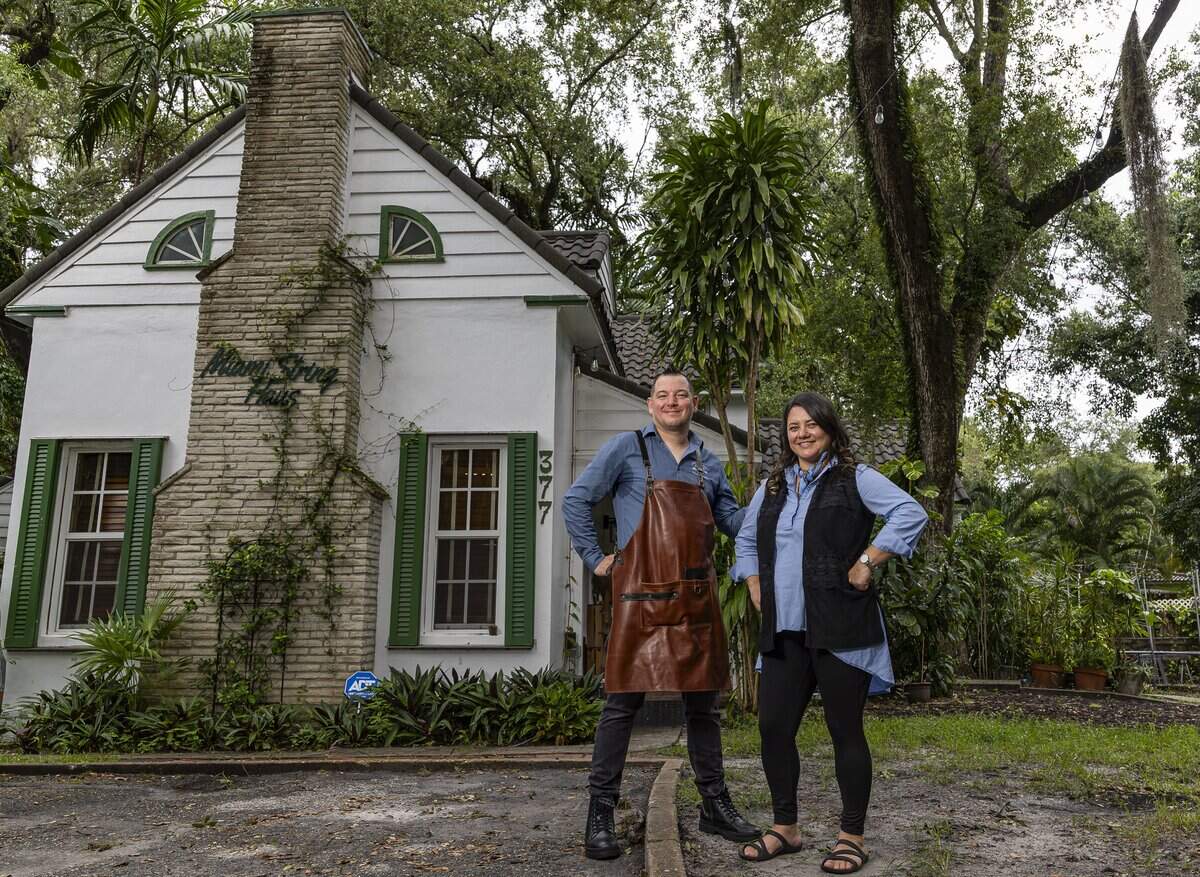 Charles Winters and his wife, Katrina Winters, co-owners of Miami String Haus, are photographed outside their home-based luthier shop, where they sell and repair string instruments including violins, violas, cellos and double basses, on Thursday, Aug. 6, 2026, in El Portal, Fla.