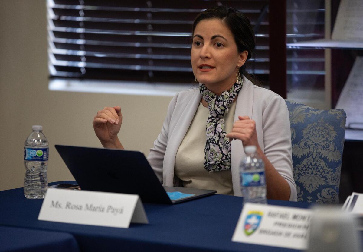 Human-rights advocate Rosa María Payá speaks during a roundtable discussion between elected officials and Cuban activists about political prisoners, at the Brigade 2506 Museum on July 10, 2023.