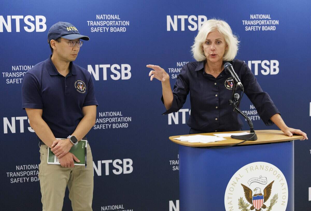 Jennifer Homendy, chairwoman of the National Transportation Safety Board, gestures to Chihoon Shin, lead investigator, when talking about the investigative process during a press conference on Monday, Sept. 7, 2026, regarding the crash landing of an Amazon Prime Air Boeing 767 at Miami International Airport.