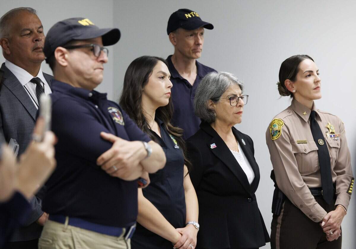 Mayor Daniella Levine-Cava, second from right, listens during a press conference with the National Transportation Safety Board on Monday, Sept. 7, 2026, regarding the crash landing of an Amazon Prime Air Boeing 767 at Miami International Airport.