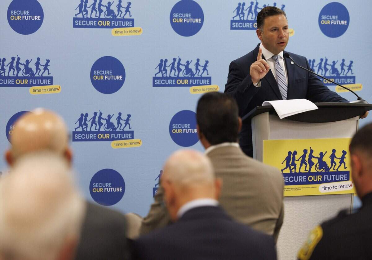 Danny Espino, School Board Member for District 5, speaks during a press conference about renewing the Secure Our Future” referendum on Tuesday, Sept. 15, 2026, at JC Bermudez Doral Senior High School in Doral, Fla.