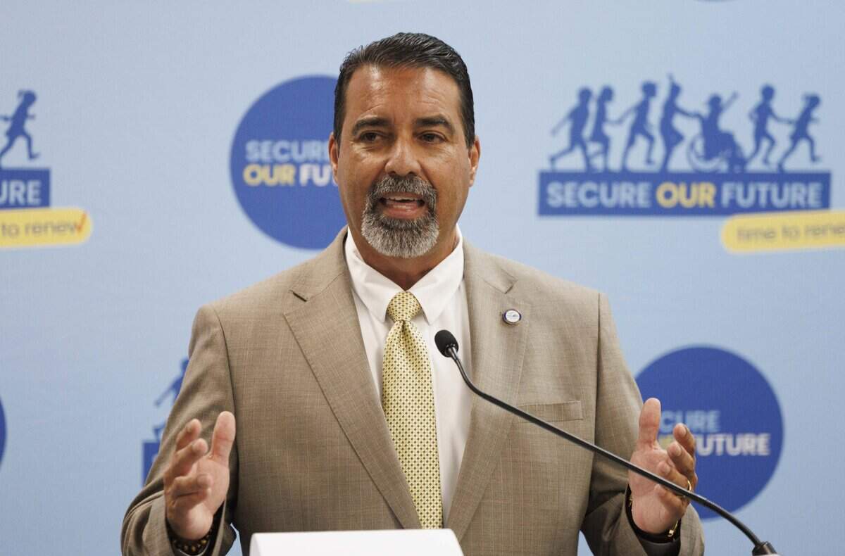 Rafael A. Villalobos,M-DCPS Superintendent, speaks during a press conference about renewing the Secure Our Future” referendum on Tuesday, Sept. 15, 2026, at JC Bermudez Doral Senior High School in Doral, Fla.