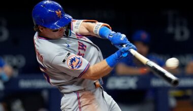 New York Mets' Nick Morabito connects for a three-run double off Tampa Bay Rays pitcher Manuel Rodríguez during the seventh inning of a baseball game Wednesday, Sept. 2, 2026, in St. Petersburg, Fla. (AP Photo/Chris O'Meara)