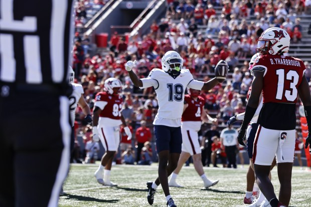 UConn's Javon Brown celebrates after catching a 7-yard TD pass from Kalieb Osborne during the first quarter of Saturday's game at Miami, Ohio. (Courtesy of UConn) 
