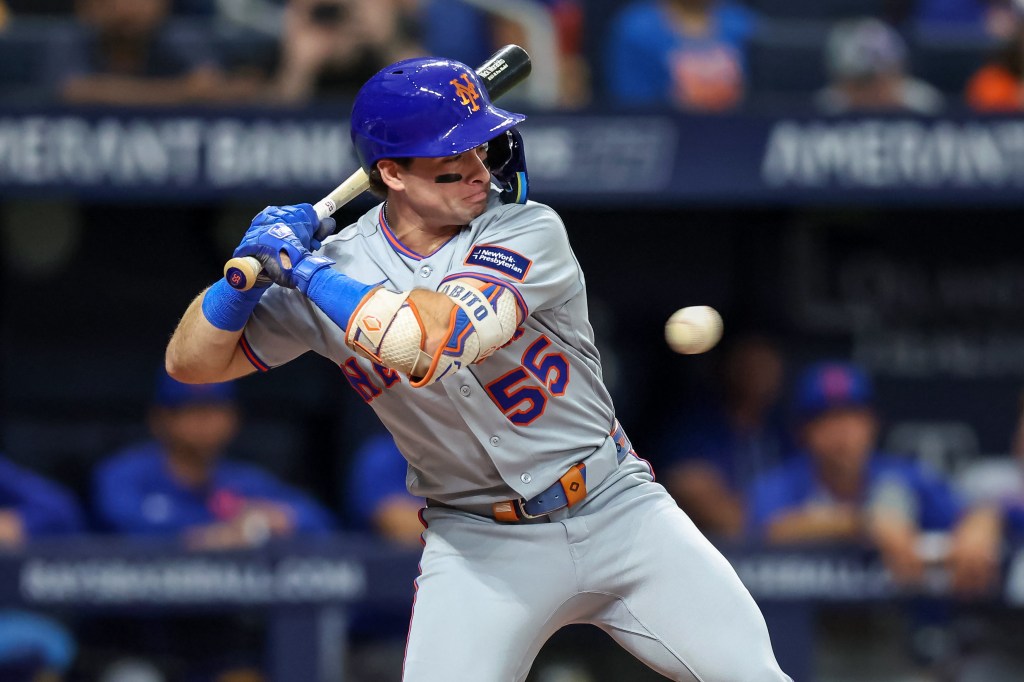 Nick Morabito, who was called up again to the majors, is hit by a pitch in the first inning of the Mets' 6-2 loss to the Rays on Sept. 1, 2026 in St. Petersburg, Fla.