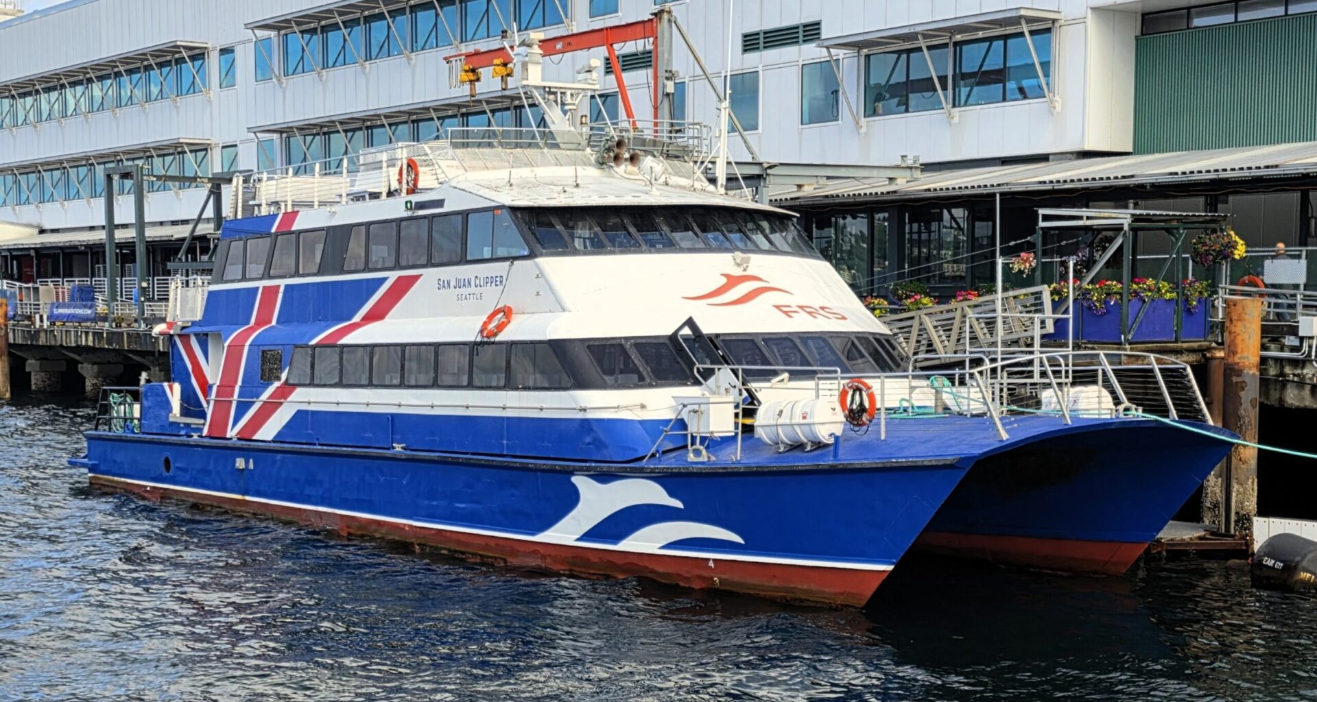 Clipper, one of two vessels purchased for the future Tampa Bay Ferry service, docked in Seattle before refurbishment and transport to Florida.
