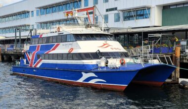 Clipper, one of two vessels purchased for the future Tampa Bay Ferry service, docked in Seattle before refurbishment and transport to Florida.