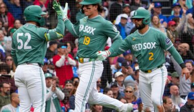 Roman Anthony (19) and Isiah Kiner-Falefa (2) scored the tying runs for the Red Sox in the fifth inning of Game 1 of Friday's doubleheader.