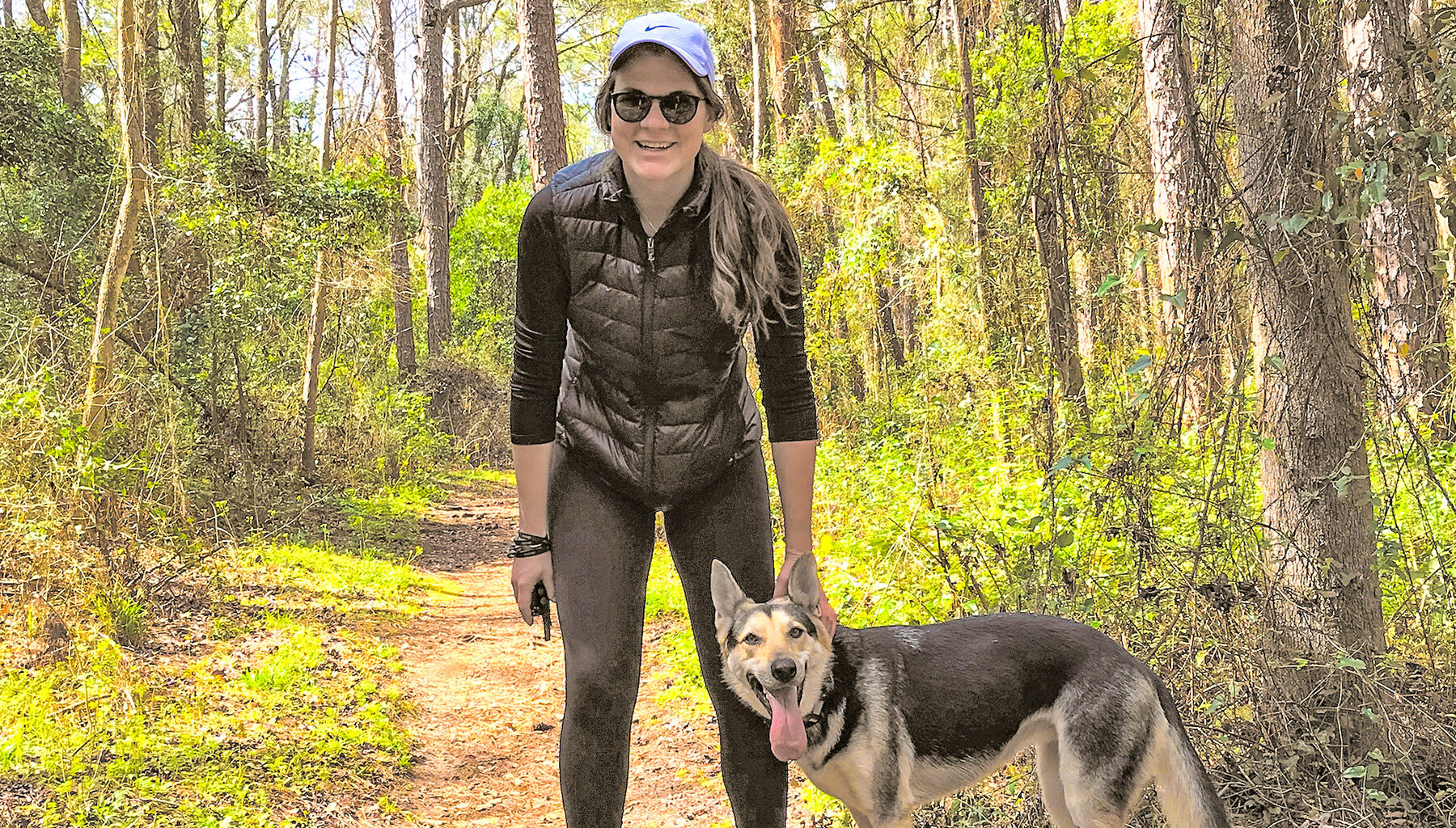 Katie enjoys hiking the trails with her German shepherd-husky mix, Delta.