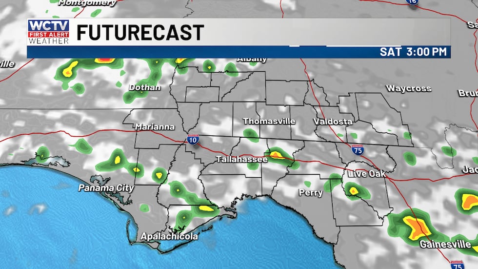Scattered showers and a few storms along and south of I-10.