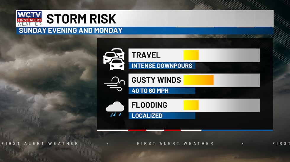 Some gusty thunderstorms on Sunday and Monday as a front moves through the area.
