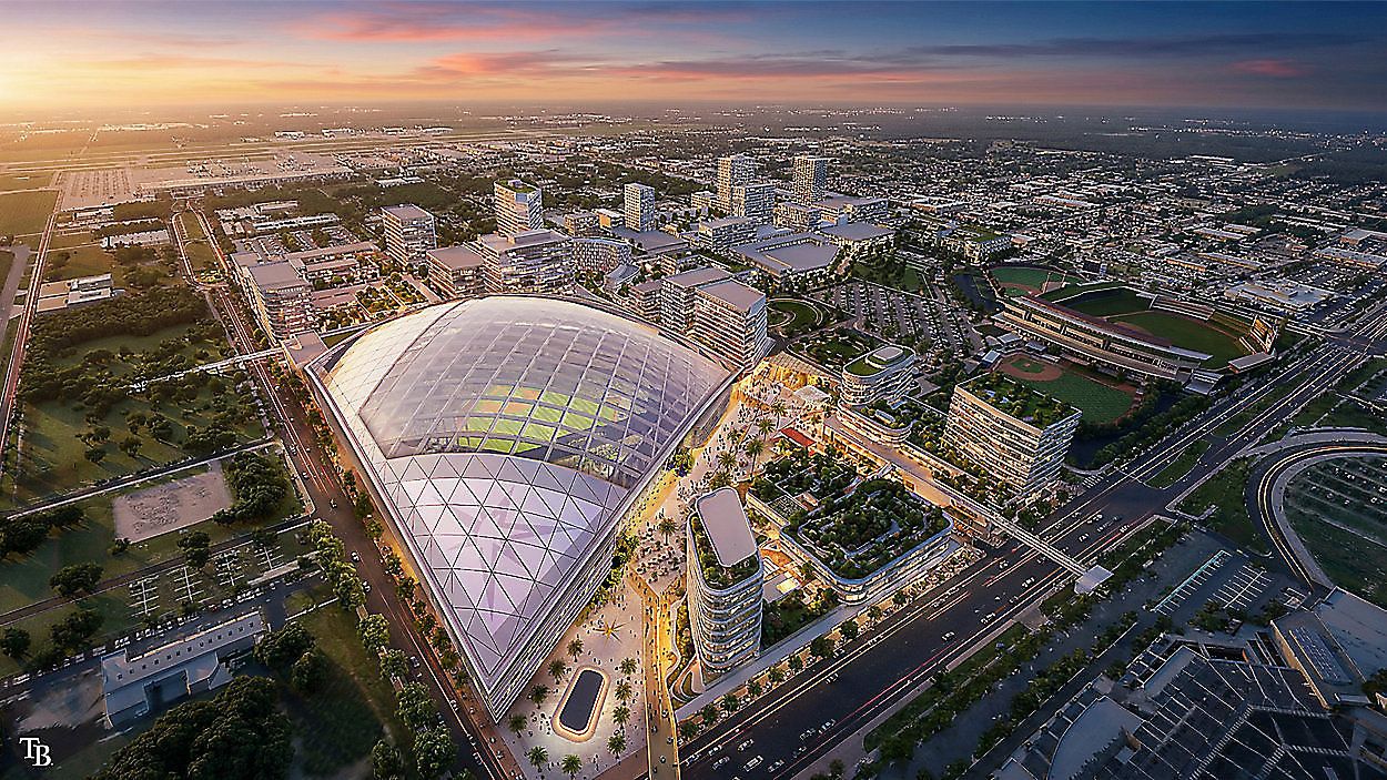 Rendering provided by the Rays of a new ballpark, revamped Hillsborough College and surrounding entertainment district. (Courtesy of Tampa Bay Rays)