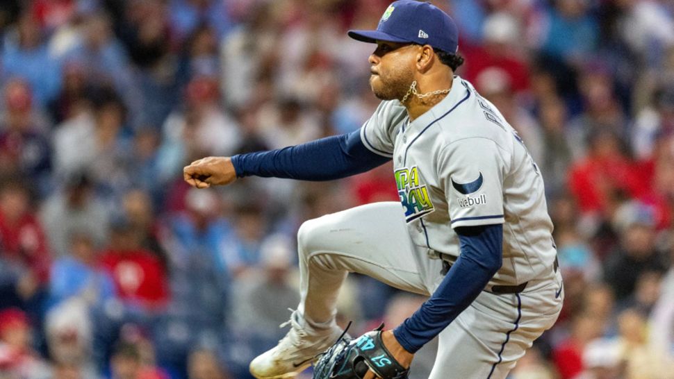 Tampa Bay Rays pitcher Freddy Peralta throws in the first inning of a baseball game against the Philadelphia Phillies, Friday, Sept. 25, 2026, in Philadelphia. (AP Photo/Laurence Kesterson)