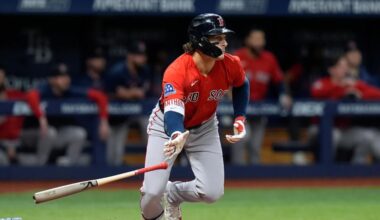 Boston Red Sox's Roman Anthony watches his two-run single off Tampa Bay Rays pitcher Ian Seymour during the second inning of a baseball game Friday, Sept. 18, 2026, in St. Petersburg, Fla. (AP Photo/Chris O'Meara)