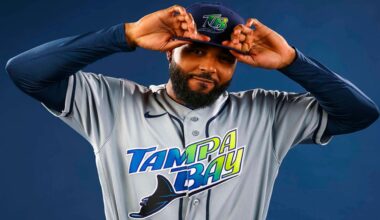 Rays All-Star third baseman Junior Caminero dons the team's new throwback road gray uniforms featuring 'Tampa Bay' on the chest. (Tampa Bay Rays)