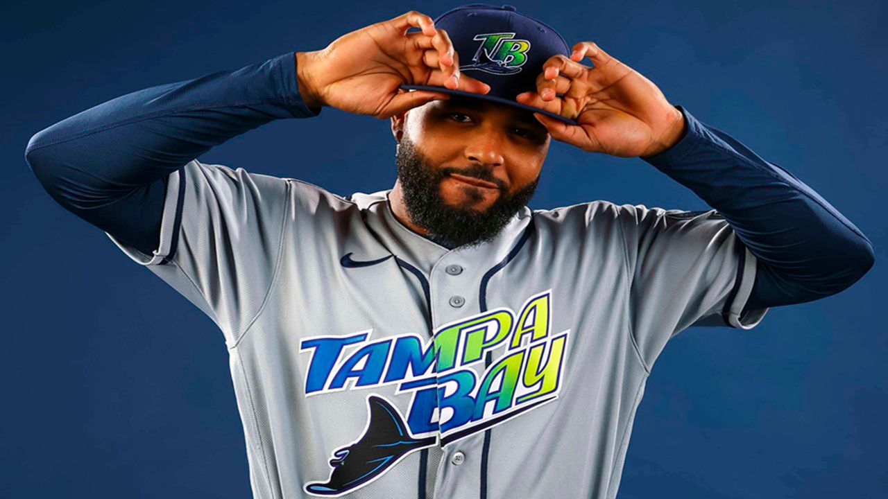 Rays All-Star third baseman Junior Caminero dons the team's new throwback road gray uniforms featuring 'Tampa Bay' on the chest. (Tampa Bay Rays)