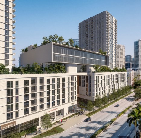 A rendering of Rio Vista Residences at 633 S. Federal Highway in Fort Lauderdale. Two towers rising 28 and 22 stories would be connected by a nine-story podium with 841 parking spaces. (Palma Architecture, Courtesy)