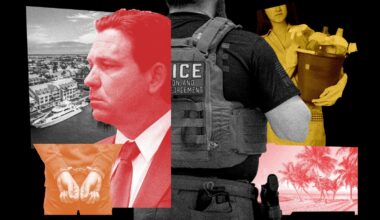 photo illustration Ron De Santis, police officer, Florida scenes, handcuffed person