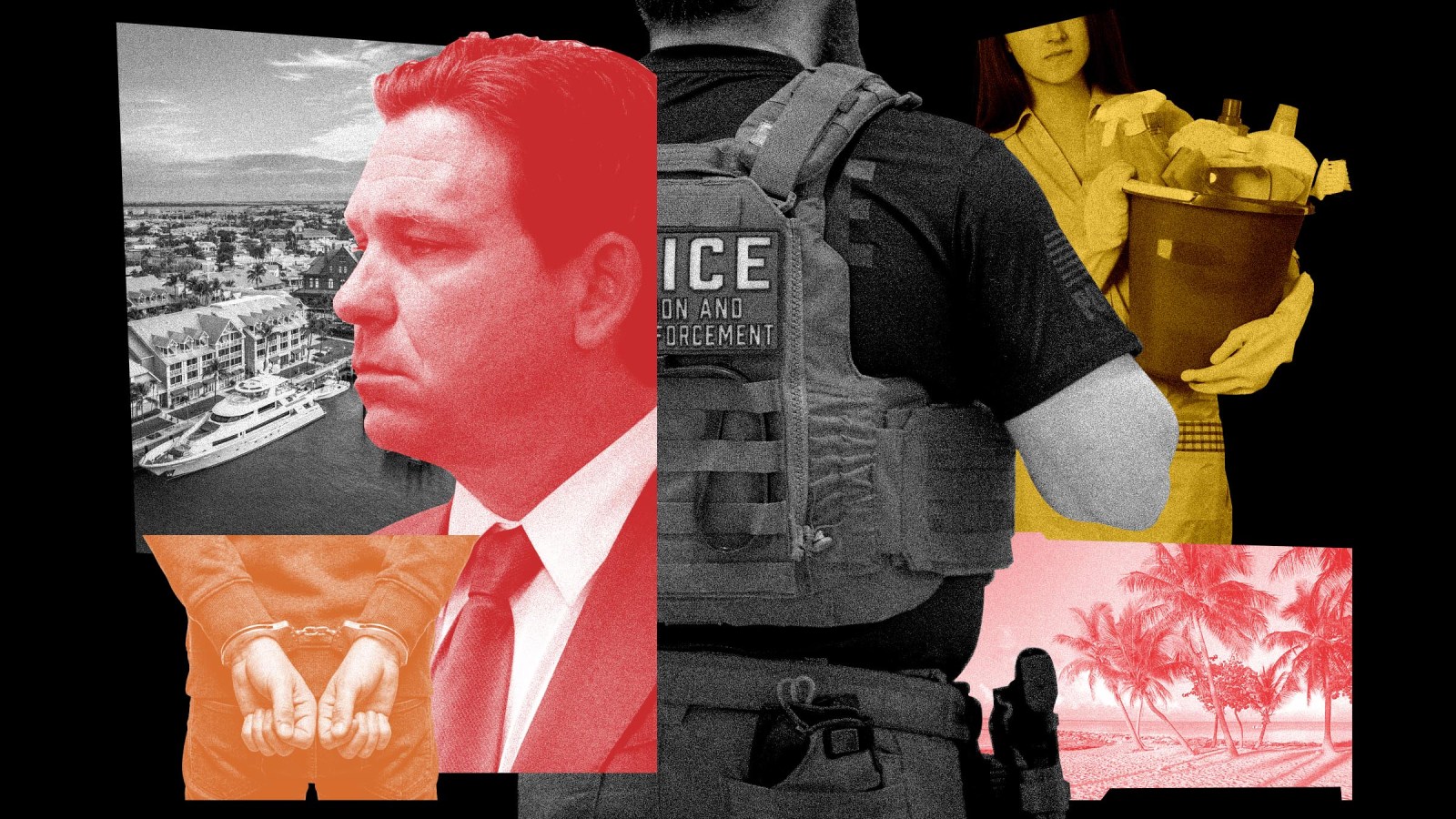 photo illustration Ron De Santis, police officer, Florida scenes, handcuffed person