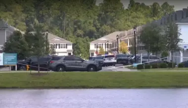 Police cars are shown outside the scene of a child's drowning.