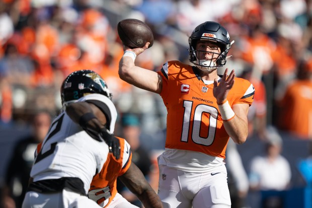 Quarterback Bo Nix (10) of the Denver Broncos throws during the second half a 20-13 win over the Jacksonville Jaguars on Sunday, Sept. 20, 2026, at Empower Field at Mile High in Denver. (Photo by Timothy Hurst/The Denver Post)