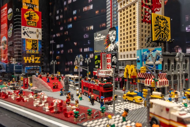 Artist Sean Kenney captures a Times Square moment in Lego form. It's one of 30 sculptures made from the plastic toy bricks on display in "Sean Kenney's Brick Planet" at the Cox Science Center and Aquarium from May 17 to Sept. 27 in West Palm Beach. (Imagine/Courtesy)