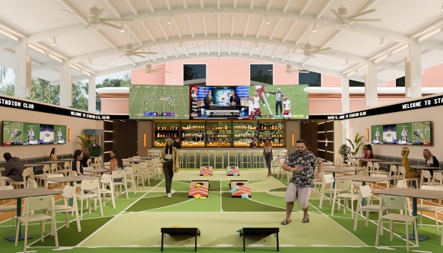 A rendering illustrates Tailgate, a covered outdoor sports entertainment space scheduled to open in late 2027. (Caribe Royale)
