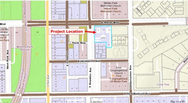 The Chabad of Greater Orlando development is planned for 210 E. Morse Boulevard in Winter Park. It would take over the footprint of the historic El Cortez Apartments at the corner of S. Knowles Avenue. (City of Winter Park)