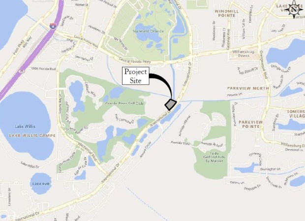 Situated along International Drive, the project site sits just south of the Central Florida Parkway and in close proximity to SeaWorld Orlando. (Rabits and Romano Architecture)