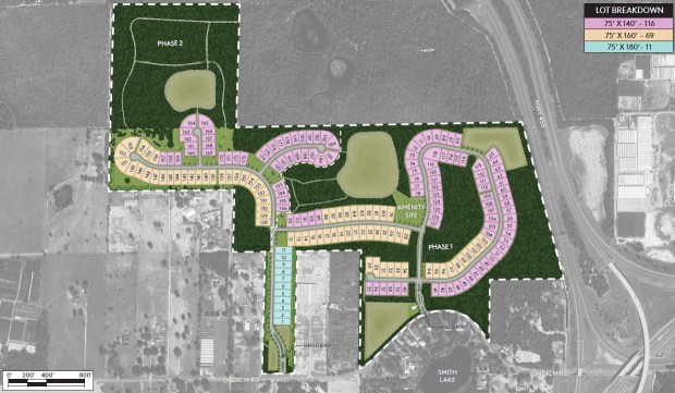 Pulte's conceptual site plan for Oakmoor shows 196 homesites in three lot sizes, two gated entrances from Ondich Road and a central amenity site. (Pulte Homes)