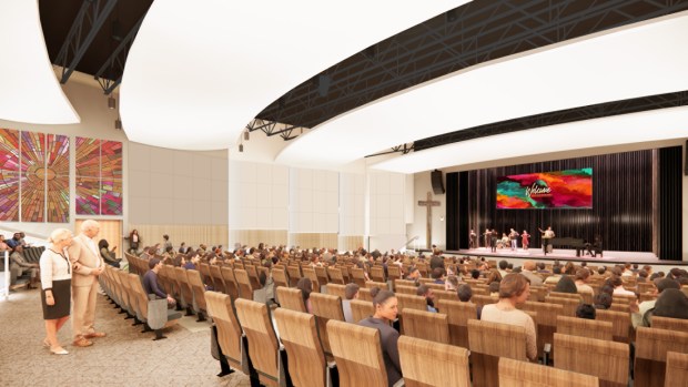 A rendering showcases the centerpiece of Orangewood's expansion: a dedicated 814-seat sanctuary and theater designed for worship services, school plays, and community events. The new venue frees up the campus gymnasium for full-time athletic use by Orangewood Christian School. (Schenkel Shultz)