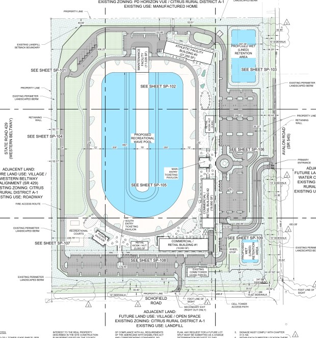 A site plan prepared by engineering firm Keith and Associates Inc. shows retail buildings facing Orlando Surf Park's proposed wave pool and parking along Avalon and Schofield roads. (Ocean Sports Development)