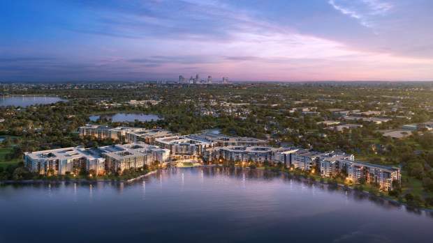 Orlando's City Council approved the Phase 2 master plan in 2022 that calls for five 8-story mixed-use apartment buildings oriented toward Lake Orlando. (Rendering by CBA)