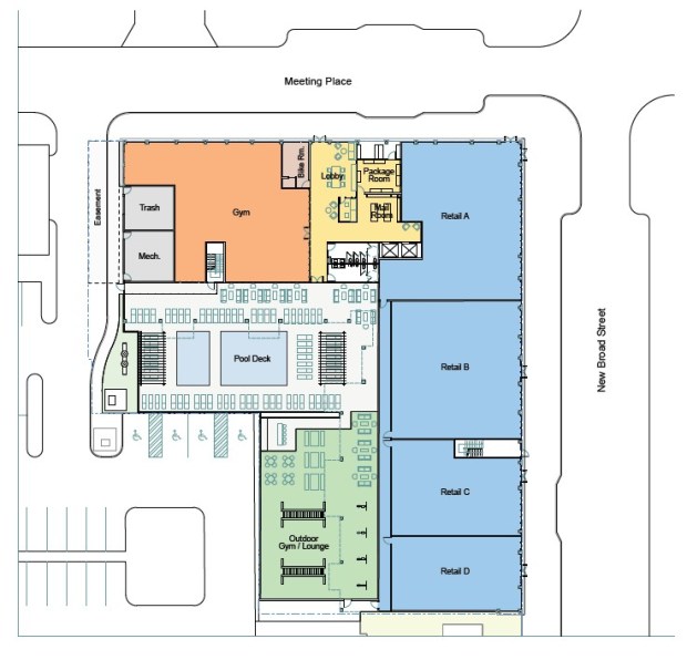 The ground floor would house the building's amenities and 13,000 square feet of retail fronting on New Broad Street. (Site plan by LRK)