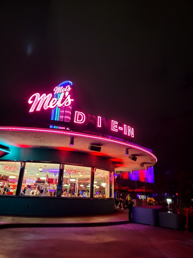Though I miss the days of Halloween Horrror Nights' naughty nurses and their blood bag beverages and syringe "shots," I can still enjoy the strategic blackouts on the Mel's Drive-In sign every year. (Photo courtesy Lisa Wilk/TasteCookSip.com)