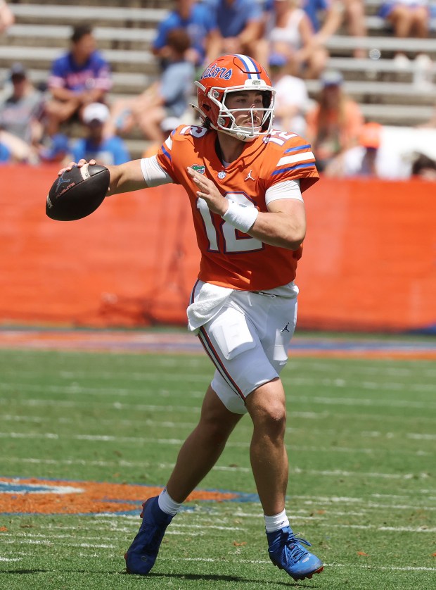Florida quarterback Aaron Philo looks to throw during the 2026 Orange & Blue Game April 11 at Ben Hill Griffin Stadium on the UF campus in Gainesville. (Stephen M. Dowell/Orlando Sentinel)