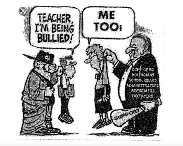 A cartoon depicts a student being bullied and a teacher saying "me too" while being held by someone labeled "Department of Education, politicians, school board, administration." Orange County School Board candidate Diana Moore, an elementary school teacher, was reprimanded in 2018 for wearing a shirt with the cartoon during first-grade picture day. (Credit: Orange County Public Schools public records)