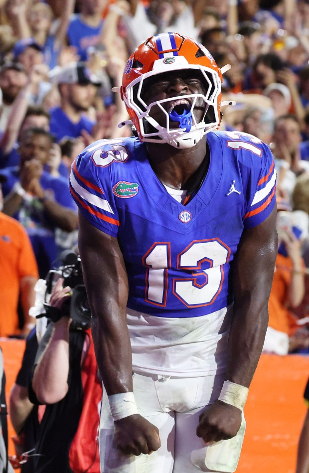 Florida running back Jadan Baugh screams in celebration after a touchdown during the Gators' 66-21 win against Florida Atlantic University Sept. 5 at Ben Hill Griffin Stadium in Gainesville. (Stephen M. Dowell/Orlando Sentinel)