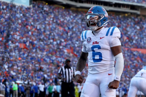 Ole Miss quarterback Trinidad Chambliss celebrates a touchdown during the third quarter of the Gators' 52-28 win Saturday at Ben Hill Griffin Stadium in Gainesville. (Photo by Dustin Markland/Getty Images)