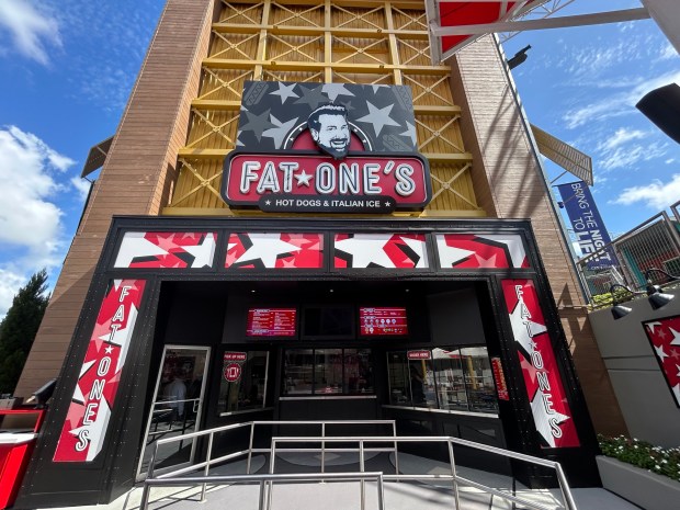 An image of Joey Fatone's head figures into the exterior of Fat One's Hot Dogs & Italian Ice, a new eatery at Universal CityWalk. Fatone, who shot to fame with singing group 'N Sync after a stint as an entertainer at Universal Studios Florida theme park, is one of the founders of the establishment. (Dewayne Bevil/Orlando Sentinel)