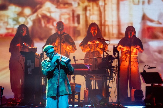 The band Gorillaz, including frontman Damon Albarn, performs at Kia Center in Orlando to kick off the U.S. leg of "The Mountain" tour on Sept. 17, 2026. (Patrick Connolly/Orlando Sentinel)