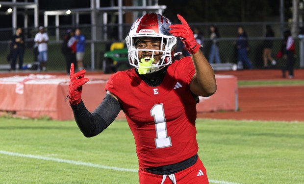 Senior running back Jaelyn Powell celebrates scoring a third-quarter touchdown during Edgewater's victory over West Orange on Friday night, Sept. 25, 2026. (Chris Hays/Orlando Sentinel)