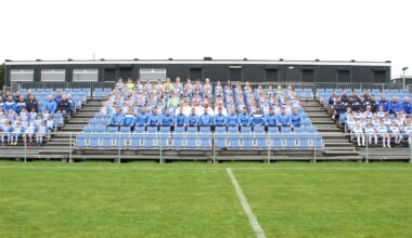 Kilwinning Rangers FC players, youth teams and staff gathered in the stands at the club's stadium in Scotland