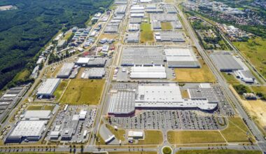 Aerial view of a large industrial district with warehouses, manufacturing buildings, roads and parking lots.