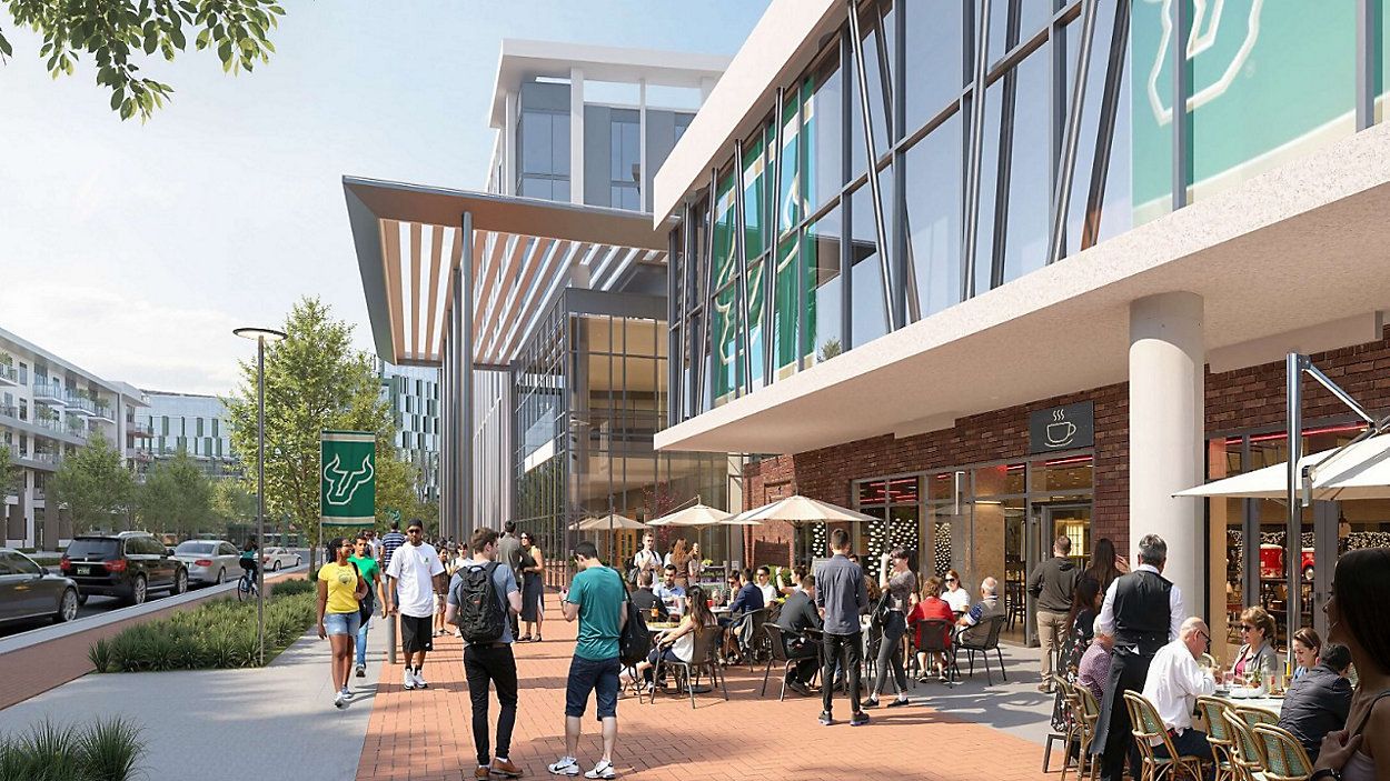 The project would redevelop USF's former golf course into a mixed-use development and connect it to the nearby on campus football stadium. The area would include housing, restaurants, retail shops and an academic research facility. (University of South Florida)
