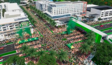 Rendering of USF’s planned Fletcher District showing mixed-use buildings, crowds and a pedestrian bridge across Fletcher Avenue