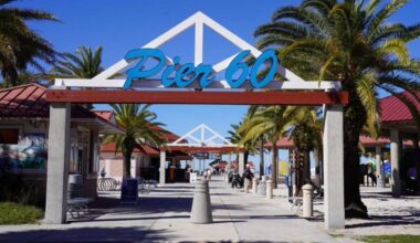 Entrance to Pier 60 on Clearwater Beach, framed by palm trees and the blue Pier 60 sign.