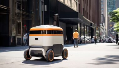 Autonomous food-delivery robot traveling along a downtown sidewalk near restaurants and pedestrians.