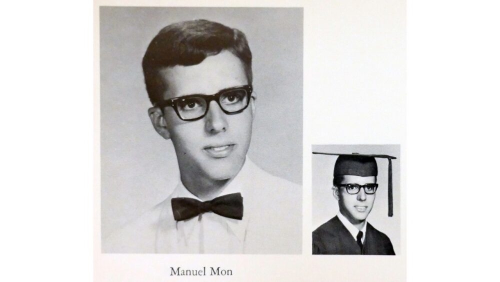 Manuel Mon pictured in the 1968 Jesuit High School yearbook, including his graduation portrait.